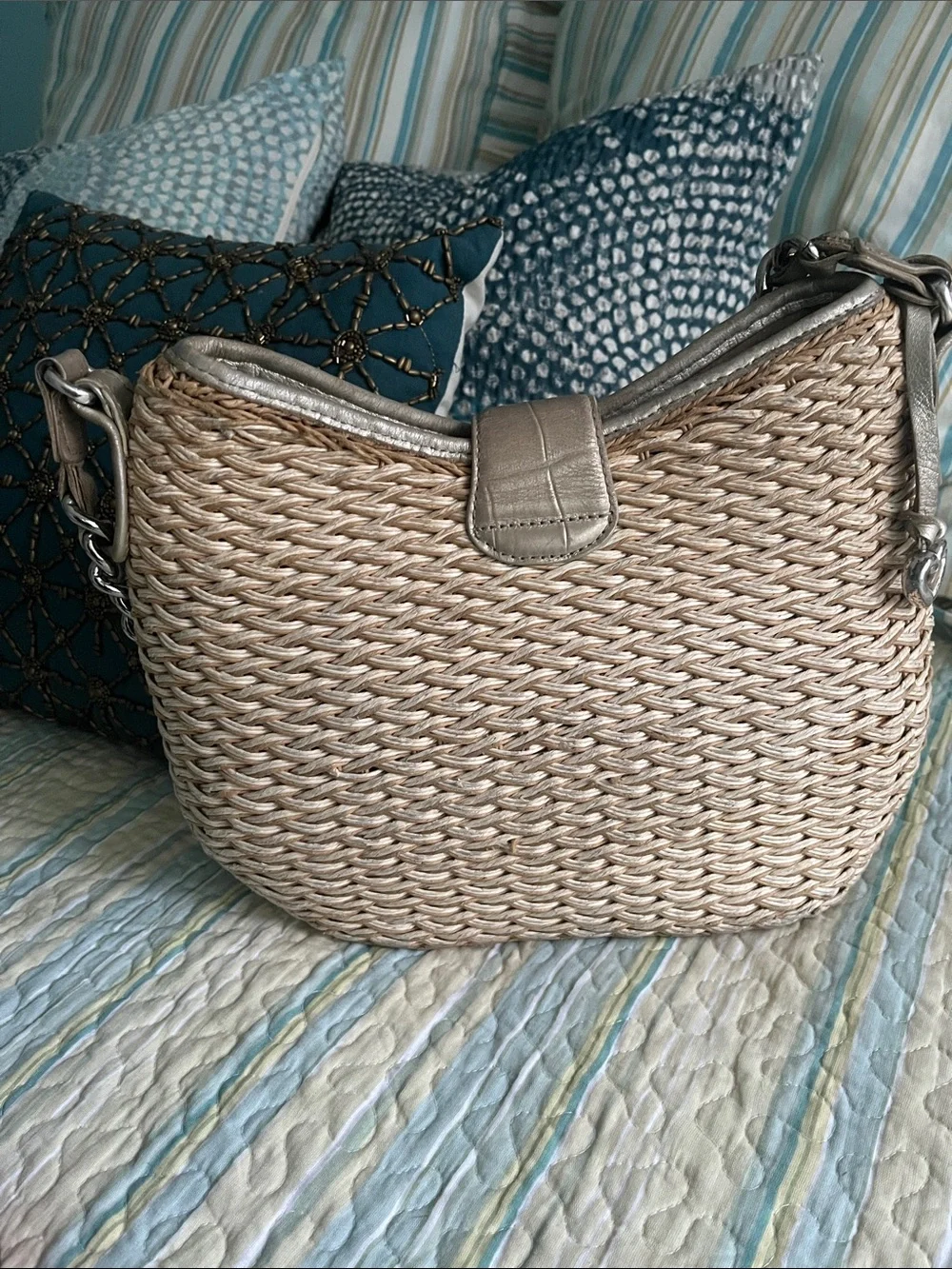 Brighton Woven Straw Shoulder Bag with Silver Trim